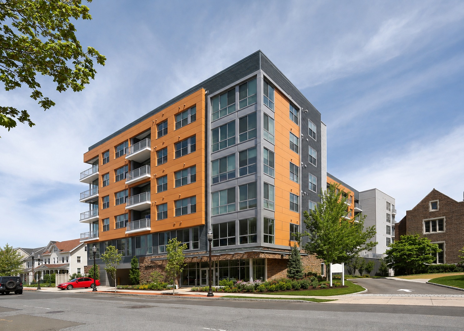 The Bedford Hall apartment building, a modern six-story residence with cedar and slate cladding in downtown Stamford