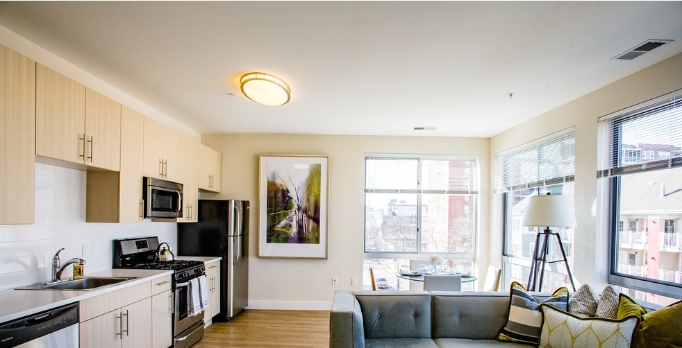 A bright open-plan living room and kitchen with modern finishes and large windows
