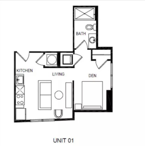 Floor plan for Residence 01, a one-bedroom home with a den