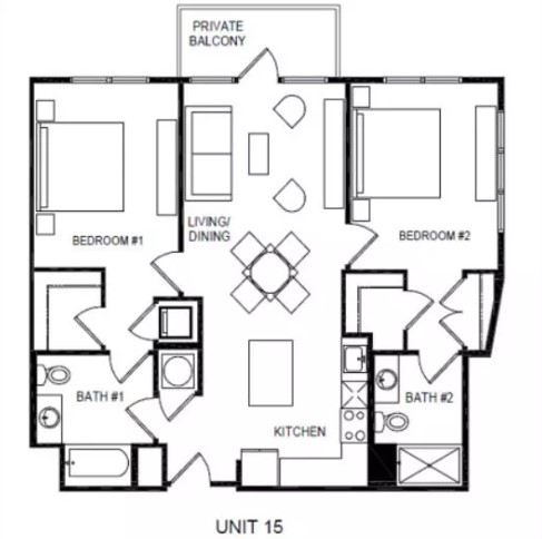 Floor plan for Residence 15, a two-bedroom, two-bath home with a private balcony